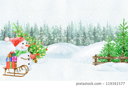 Happy snowman holding fir tree, Christmas gifts on snowy ground in countryside landscape. Vintage style illustration. Hand drawn funny snowman in winter forest landscape covered with snow 119381577