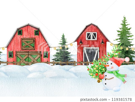 Happy snowman holding fir tree on snowy ground in countryside landscape. Vintage style painted illustration. Hand drawn funny snowman holding fir tree in winter village landscape covered with snow 119381578