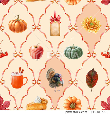 Thanksgiving decor element warm colors seamless pattern. Watercolor vintage style illustration. Thanksgiving decoration, pumpkins, turkey bird, autumn harvest gifts seamless pattern design 119381582