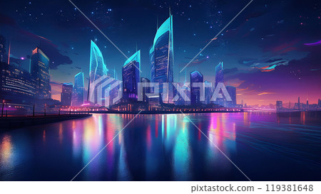 Illustration of the night view of a city with buildings along the river, 4K size 119381648
