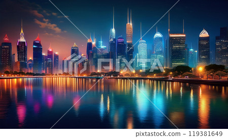 Illustration of the night view of a city with buildings along the river, 4K size 119381649
