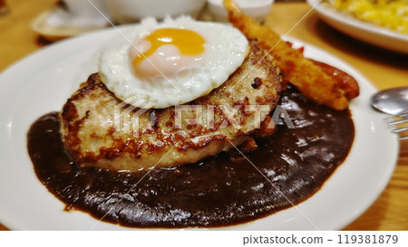 Delicious hamburger steak and fried shrimp Delicious hamburger steak and fried shrimp 119381879