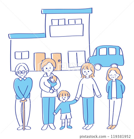 Illustration of a two-generation house and a two-generation family, cute and relaxed line drawing, blue 119381952