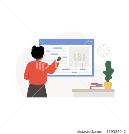 Lsi keyword service. Latent Semantic Indexing. Key phrases generator. Vector illustration in flat cartoon style. African female character is engaged in Web analysis and word search optimization 119382042