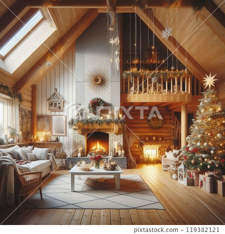 Christmas house, Scandinavian style, fireplace 119382121