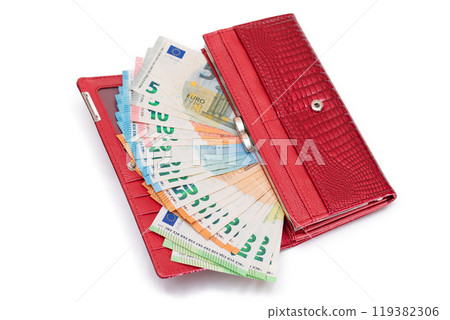 Red Leather Women Purse with Different Euro Banknotes - Isolated on White 119382306
