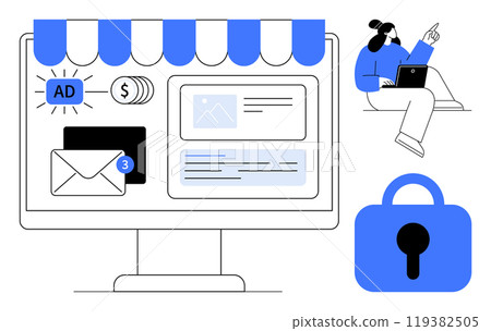 Online Marketing and Security Elements with Remote Work Depiction in Flat Style 119382505