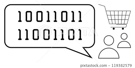 Digital Communication in E-Commerce with Binary Code Speech Bubble and Shopping Cart 119382579