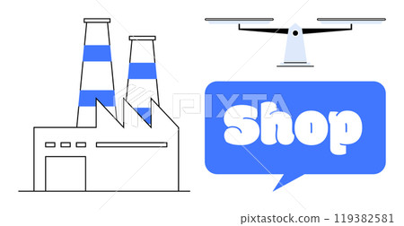 Factory with Blue Smoke Stacks and Drone Delivery Service Concept 119382581
