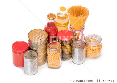 Food Reserves: Canned Food, Spaghetti, Pate, Tuna, Tomato Juice, Pasta, Fish and Grocery - Isolated 119382644