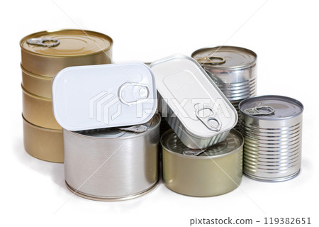 A Group of Stacked Tin Cans with Blank Edges Isolated on White 119382651