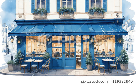藍色咖啡館│聖誕風景│巴黎街角│時尚插畫 119382949