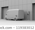黏土渲染的電動外送車在外送中心停車場充電的圖像 119383012