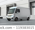 停在配送中心前的電動送貨車的圖片 119383015
