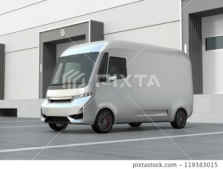 停在配送中心前的電動送貨車的圖片 119383015