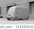 停在配送中心前的電動外送車的黏土渲染圖像 119383016