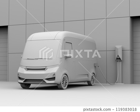 Clay rendering image of an electric delivery vehicle charging in the parking lot of a delivery center 119383018