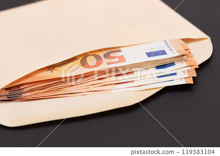 An Orange Paper Envelope with Stack of 50-Euro Banknotes Inside 119383104