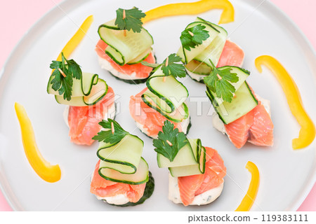 Canapes without Bread with Fresh Salmon, Cucumber and Cream Cheese Canapes without Bread with Fresh Salmon, Cucumber and Cream Cheese 119383111