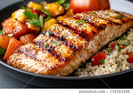 Grilled Salmon with Quinoa and Vegetables on a Plate for a Healthy Meal 119383200