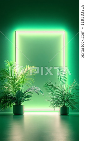 Neon Backlit Frame with Artificial Plants on Dark Background Bright Design 119383218