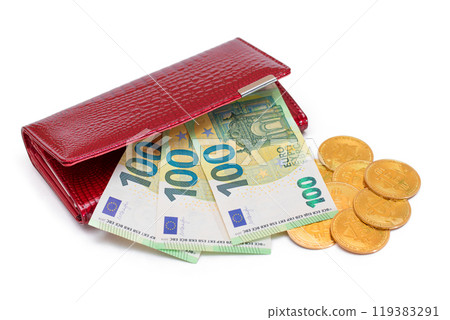 Opened Red Leather Women Purse with Bitcoin Coins and One Hundred Euro Banknotes Inside Opened Red Leather Women Purse with Bitcoin Coins and One Hundred Euro Banknotes Inside 119383291