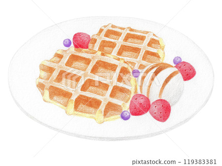 Waffle illustration drawn with colored pencil. 119383381