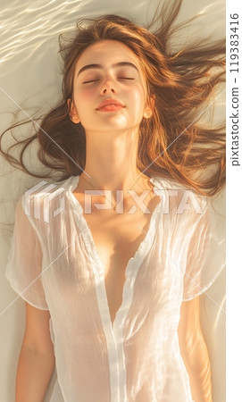 Peaceful Woman Relaxing in Sunlit Morning with White Sheer Shirt at Home Peaceful Woman Relaxing in Sunlit Morning with White Sheer Shirt at Home 119383416