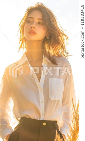 Elegant Woman Posing in Morning Sunlight Wearing White Blouse Outdoors Elegant Woman Posing in Morning Sunlight Wearing White Blouse Outdoors 119383419