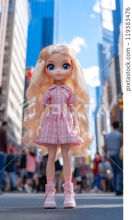 Gigantic Doll with Blonde Hair and Pink Dress Standing in Busy City Street 119383476