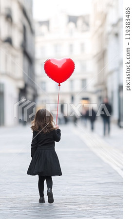 Little Girl Walking Down City Street Holding Red Heart Balloon Alone 119383486