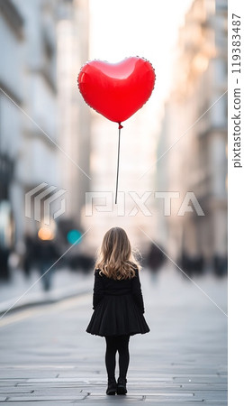 Young Girl in Black Dress Holding Heart-Shaped Red Balloon in Urban Setting 119383487
