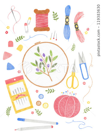 Illustration of embroidery items drawn with colored pencils. 119383630