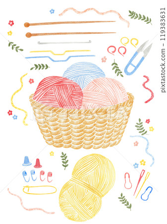 Illustration of knitting items drawn with colored pencils 119383631