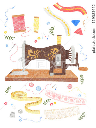 Illustration of sewing items drawn with colored pencils 119383632