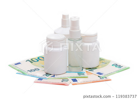Different Bottles with Pills, Capsules and Medicines on the Euro Banknotes 119383737