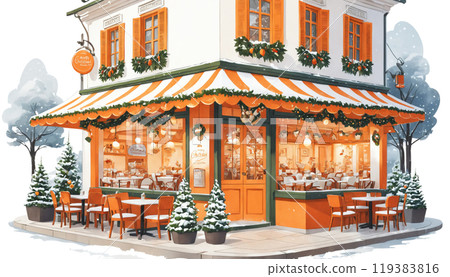 Christmas restaurant │ Snowy terrace seating │ Orange decorations │ Illustration material 119383816