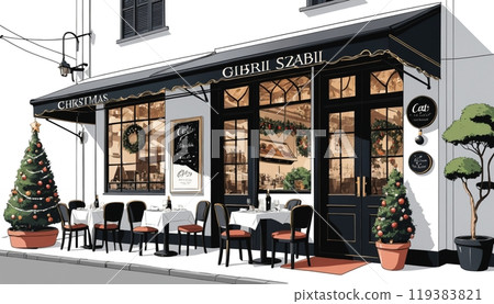 Stylish cafe │ Christmas decorations │ Terrace seats │ Illustration 119383821