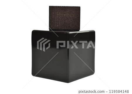 The cologne bottle is black. The cologne bottle is black. 119384148