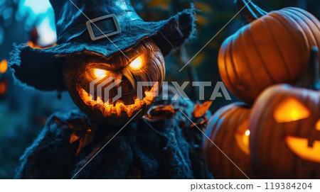 A scarecrow monster with a scary smile and burning eyes 119384204