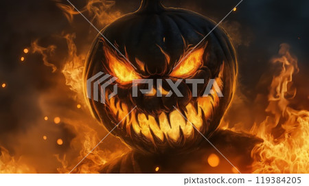 A scarecrow monster with scary smile and burning eyes 119384205