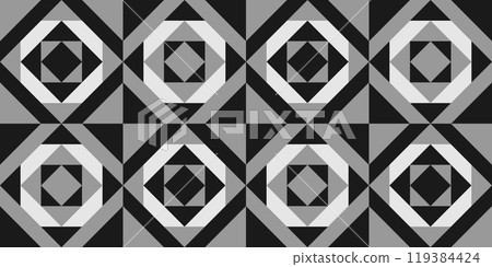 This design showcases a modern geometric pattern of diamonds and squares in various black, white, and gray shades This design showcases a modern geometric pattern of diamonds and squares in various black, white, and gray shades 119384424