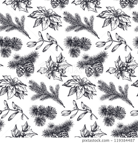Vector seamless pattern with winter forest, animals and trees. Vintage Christmas endless background. Vector seamless pattern with winter forest, animals and trees. Vintage Christmas endless background. 119384487