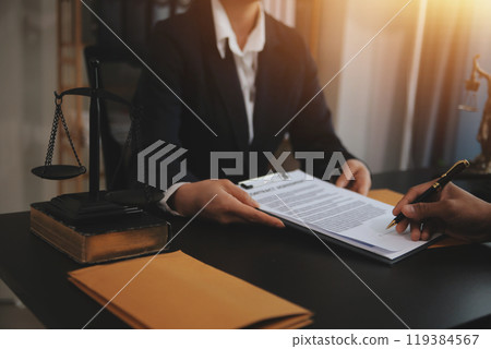 Law theme, gavel or mallet of the judge, lawyer enforcement officers, evidence-based cases taken into account in the court abount business, legislation. 119384567