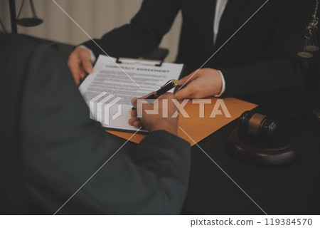 Law theme, gavel or mallet of the judge, lawyer enforcement officers, evidence-based cases taken into account in the court abount business, legislation. 119384570