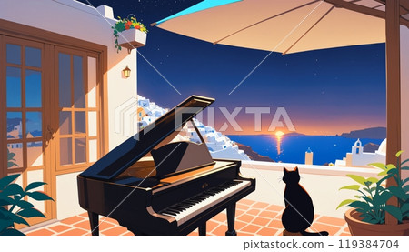 Seaside piano│Sunset scenery│Cats and music│Resorts 119384704