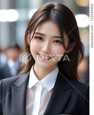 一個微笑的年輕美麗的女人穿著西裝。社會新成員的形象。人工智慧世代 119384808