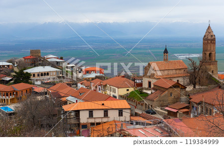 Scenic spring view of Sighnaghi on background of Alazani valley and Greater Caucasus Scenic spring view of Sighnaghi on background of Alazani valley and Greater Caucasus 119384999