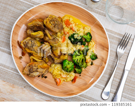 Fried chicken fillet served on plate with tasty broccoli. Hearty healthy lunch Fried chicken fillet served on plate with tasty broccoli. Hearty healthy lunch 119385161