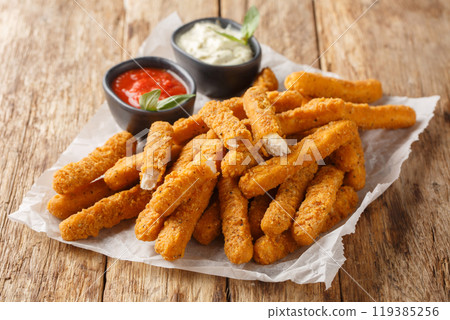 Deep fried breaded chicken fingers with dipping sauces close-up on parchment paper. Horizontal 119385256